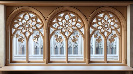 Obraz premium A detailed view of an ornate wooden window with floral carvings and arched panes looking outward