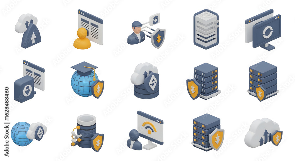 Poster modern isometric icons depicting essential concepts of data storage, cloud security, and digital net