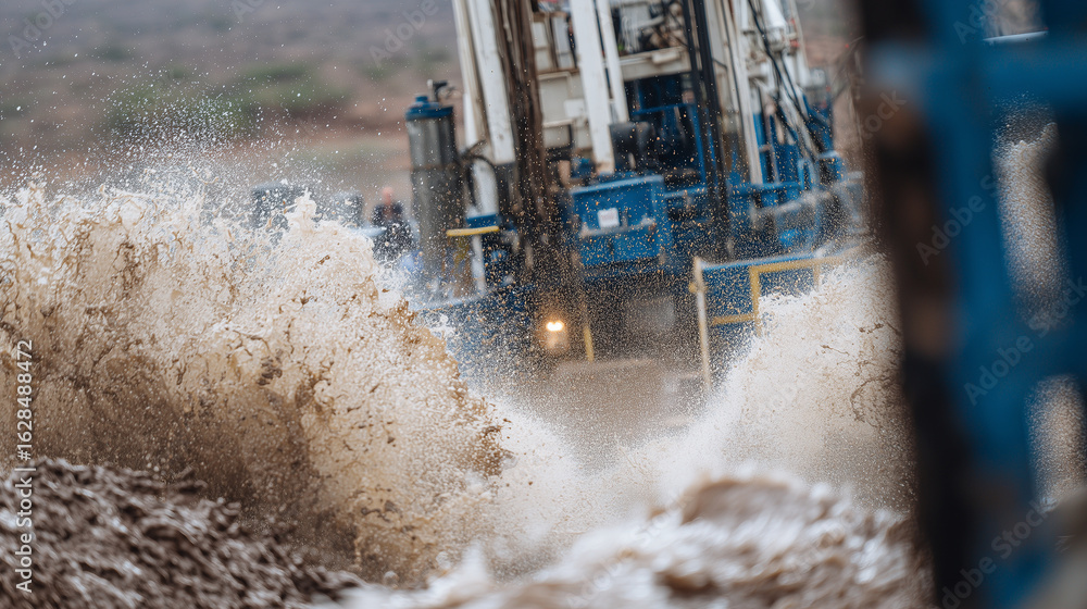 Poster frame filled with a forceful stream of brown drilling mud being ejected from a pipe connected to a h