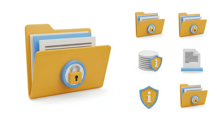Vibrant rendered icons showcasing digital data security with locked folders and information shields.