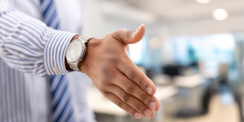 The handshake signifies a professional agreement in a modern office setting.