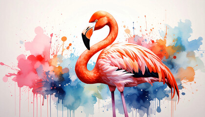 Beautiful and colorful watercolor splash painting of a pink flamingo
