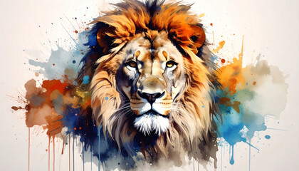 Beautiful and colorful watercolor splash painting of a lion
