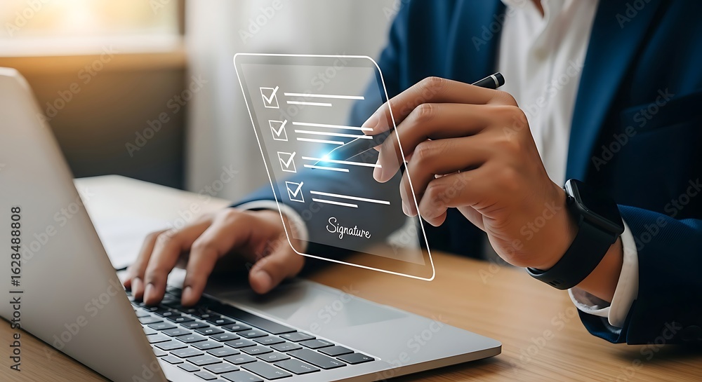 Aufkleber businessman uses stylus to interact with futuristic holographic interface displaying data and charts