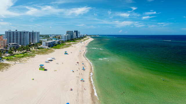 Panoramic drone view of Pompano Beach, Florida with city and ocean