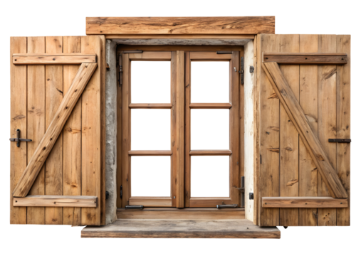A wooden window frame isolated on white or transparent background