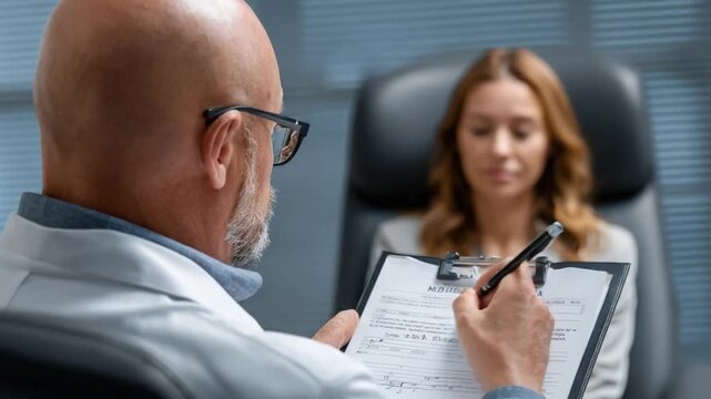 Analyzing the Patient: A medical professional attentively documents observations while interviewing the patient.