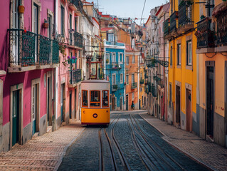 Obraz premium Lisbon tram on steep street with colorful buildings