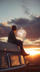 Working in a Vacation &ndash; Digital Nomad Woman on Camper Roof Using Laptop at Sunset with Floating Location Icon, Representing Remote Work, Travel Freedom, and Global Connectivity

