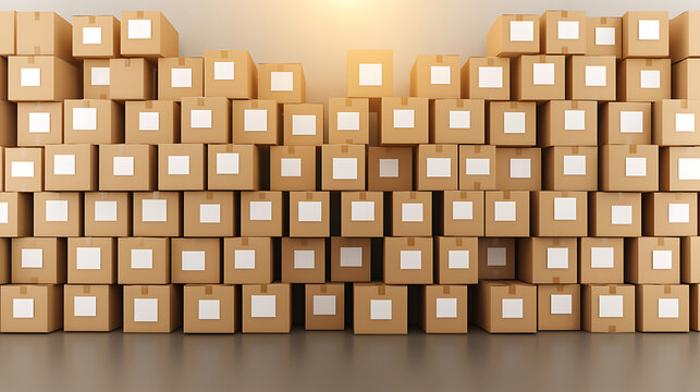 Stacked cardboard boxes, each labeled with a white square, create a wall. Perfect for storage solutions, relocation imagery, or organized shipping concepts.