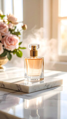 Perfume advertisement, scent and minimalism: Fragrant perfume exudes freshness and luxury on marble surface, captured in sunlit studio setting with roses enhancing its minimalist advertisement style