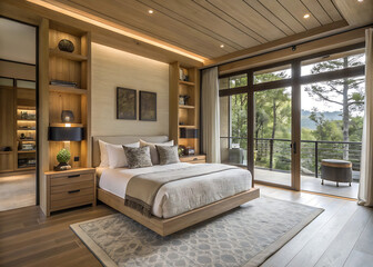 Luxurious modern bedroom with a king size bed built in wooden shelves and large windows offering a stunning forest view