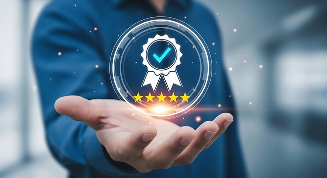 Person holding a glowing digital award badge with five stars and a checkmark signifying excellence and customer satisfaction