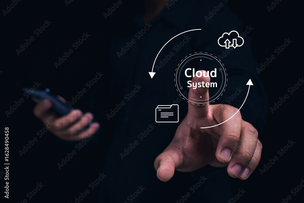 Poster a hand interacts with a digital cloud system interface, showcasing technology and connectivity in a 