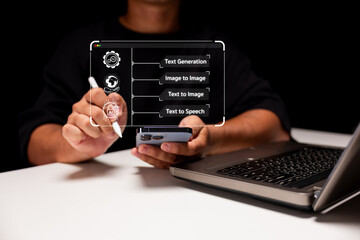 A person using a smartphone with digital interface options for text generation and image processing, sitting at a desk with a laptop.