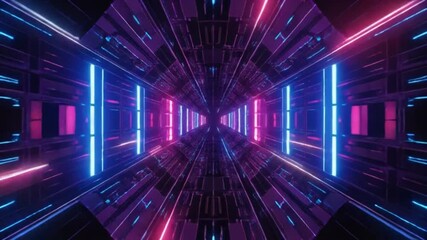 Journey through a futuristic sci-fi tunnel with glowing blue and pink neon lights. A high-tech digital corridor concept. - Powered by Adobe