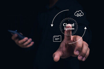 A hand interacts with a digital cloud system interface, showcasing technology and connectivity in a...