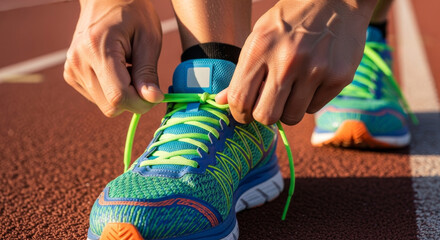 Close-up of a runner's hands tying the bright green laces of a colorful running shoe on a track under warm sunlight

