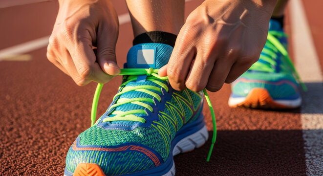 Close-up of a runner's hands tying the bright green laces of a colorful running shoe on a track under warm sunlight
