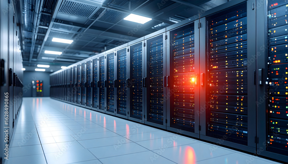 Poster modern server racks glow with vibrant data processing lights in a vast, high-tech computing facility