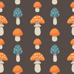 Seamless vector pattern with orange and white forest mushrooms on dark grey background, chanterelle and toadstool illustration, autumn pattern
