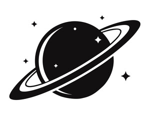 Planet Saturn with planetary ring black silhouette vector icon,on white background