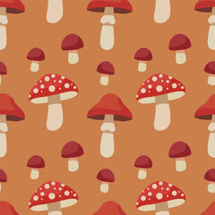 Seamless vector pattern with fly agaric mushrooms on light brown background, autumn forest illustration, fall botanical pattern