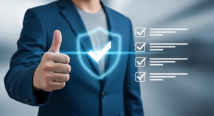 Professional giving a thumbs up gesture with a glowing shield and checklist symbolizing security and successful completion of tasks