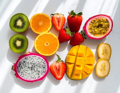 Vibrant Assortment of Sliced Tropical Fruits on White Background with Natural Light