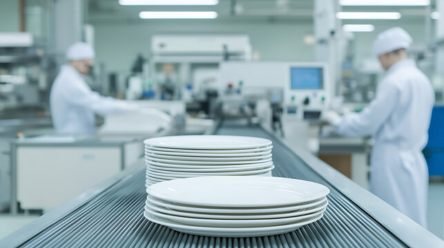 Plates on a Conveyor Belt: Automated manufacturing facility with plates moving along a conveyor belt. Focus on efficiency and quality assurance.