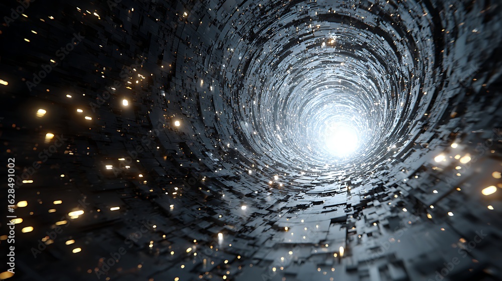 Poster abstract dark tunnel with light at the end, futuristic and technological background, motion design w
