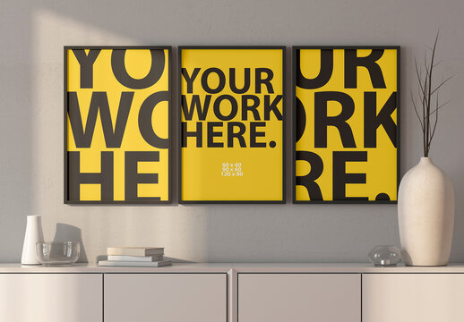 Three poster Art Frames Mockup hanging on wall