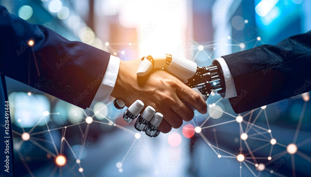 Poster a powerful handshake between human and robot signifies innovation and the future of artificial intel
