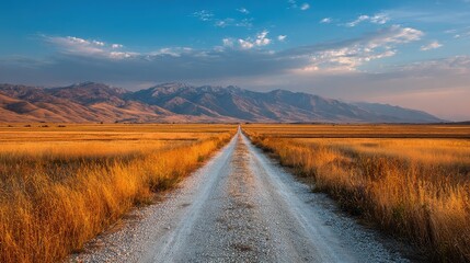 Gravel Pathway Winding Through a Golden Field with a Scenic View of Distant Majestic Mountains in the Background