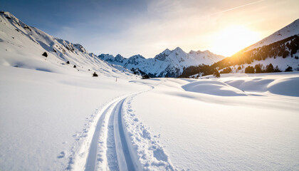 Breathtaking view of cross-country ski tracks leading through a pristine, snow-covered mountain valley during a vibrant sunrise or sunset.