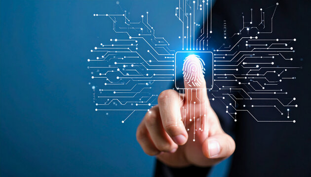 A person's finger unlocking a system via a biometric fingerprint scan on a virtual screen, representing the future of digital security and identity verification.