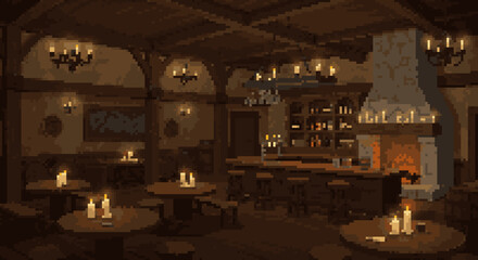 Cozy Pixel Art Tavern Interior with Candlelight Ambience