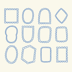 Empty Post Stamp Edge Frame Set. Postal Postcard Border. Vintage Vector Hand Drawn Illustration