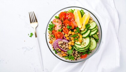Vibrant Quinoa Salad Bowl with Fresh Vegetables, Chickpeas, and Lemon on White