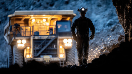 A miner walks alongside a towering truck inside a dimly lit tunnel, dwarfed by the vehicleâs size as rock debris crunches underfoot, symbolizing danger and scale