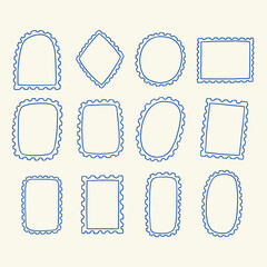 Empty Post Stamp Frame Sticker Set. Postal Postcard Border. Vintage Vector Hand Drawn Illustration