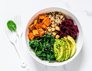Vibrant Quinoa Bowl with Roasted Sweet Potatoes, Beetroot, Avocado, and Spinach