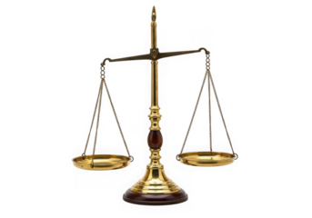 Golden balance scale of justice law concept isolated on transparent background