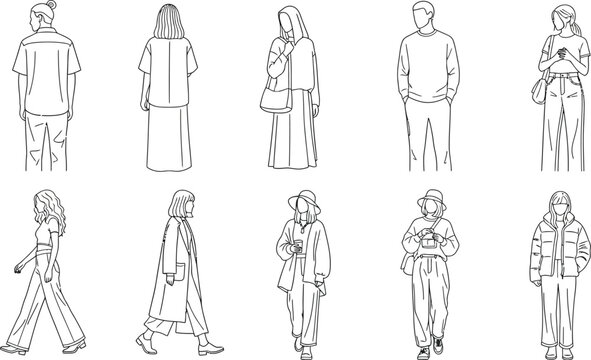 Stylish people line art collection showcasing modern fashion and diverse poses