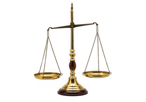 Golden balance scale of justice law concept isolated on transparent background