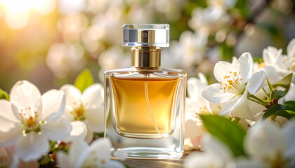 Perfume advertisement, scent and minimalism: Aromatic fragrance emanates, capturing essence and evoking peace, luxury with floral scent blending seamlessly into background gradient