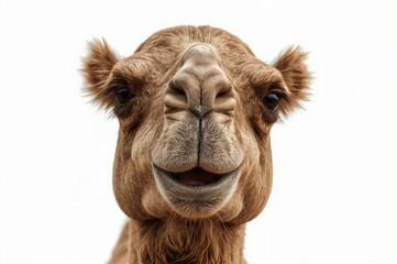 Obraz premium Smiling camel portrait, desert backdrop, isolated