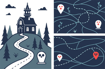 Spooky halloween adventure a haunted house on a hill with ghostly map markers and a winding path