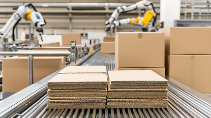 Naklejka premium Automated Packaging: Robot arms assist with cardboard box assembly line for efficient production. Conveyor belts transport materials in a clean, modern factory.