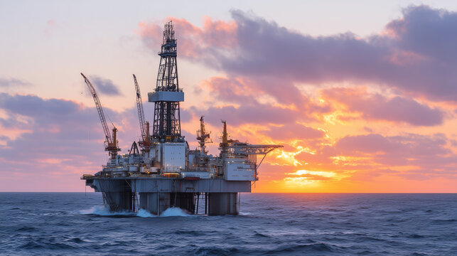 Oil drilling platform stands majestic in the middle of the ocean at sunset, towering cranes silhouetted against a sky painted in warm orange and pink hues, waves gently lapping aro